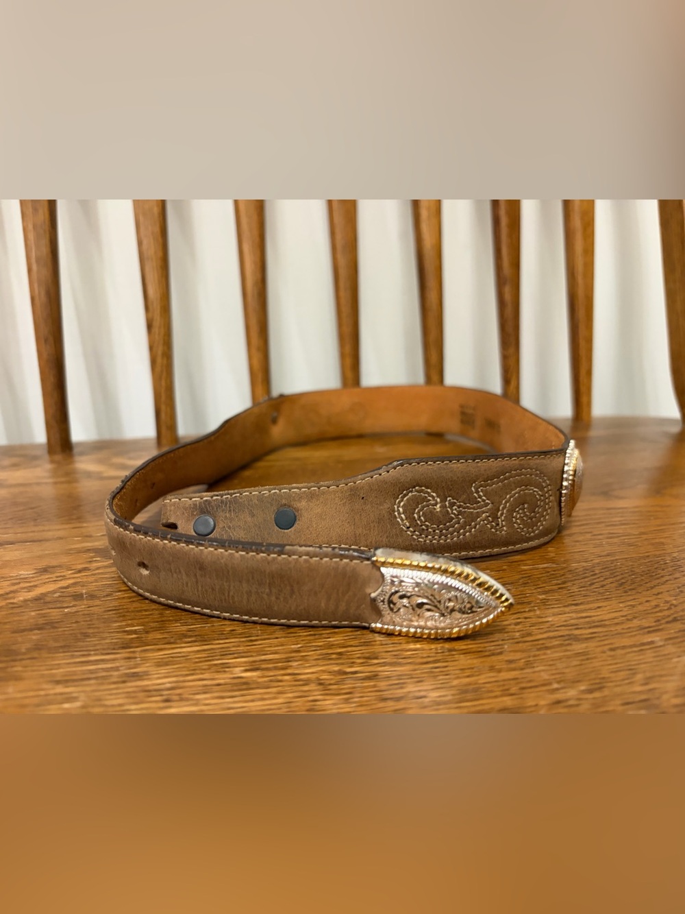 Vintage Tony Lama Brown Leather Western Belt Heart Buckle Engraved Tip Size 28 - Picture 3 of 3